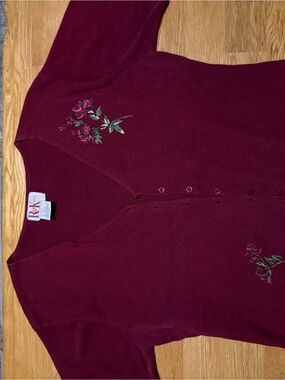 R&K Burgundy Floral Embroidered V-Neck Cardigan